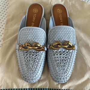 Tory Burch Jessa Woven Backless Loafer in Crisp Blue, size 8.